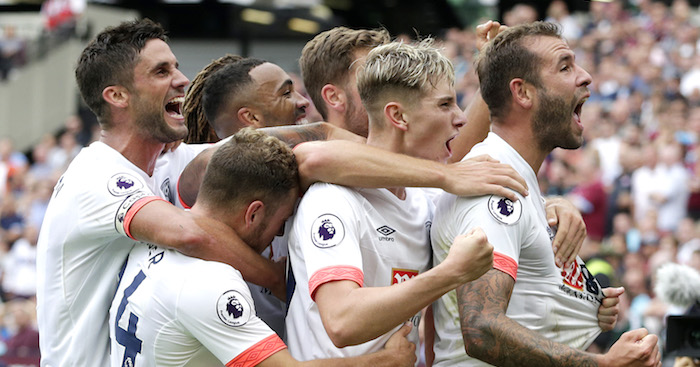 LONDON, ENGLAND - AUGUST 18: Steve Cook of AFC Bournemouth celebrates scoring his side's second goal with team mates during the Premier League match between West Ham United and AFC Bournemouth at London Stadium on August 18, 2018 in London, United Kingdom. (Photo by Henry Browne/Getty Images)