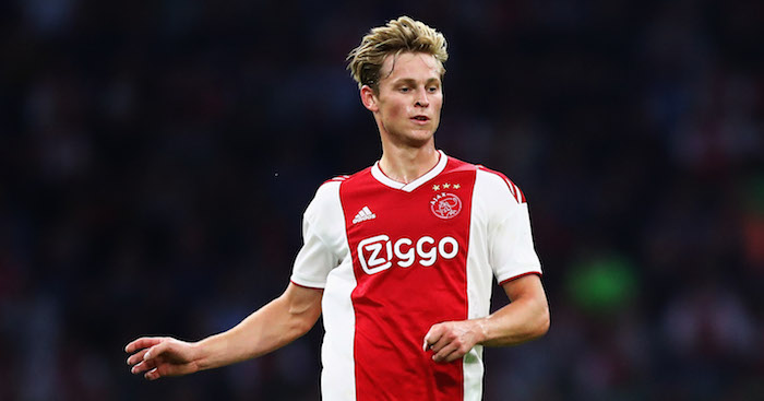 AMSTERDAM, NETHERLANDS - AUGUST 14: Frenkie de Jong of Ajax in action during the UEFA Champions League third round qualifying match between Ajax and Royal Standard de Liege at Johan Cruyff Arena on August 14, 2018 in Amsterdam, Netherlands. (Photo by Dean Mouhtaropoulos/Getty Images)