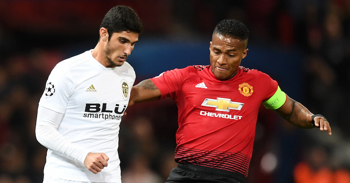 in the Group H match of the UEFA Champions League between Manchester United and Valencia at Old Trafford on 2 October 2018 in Manchester, United Kingdom.