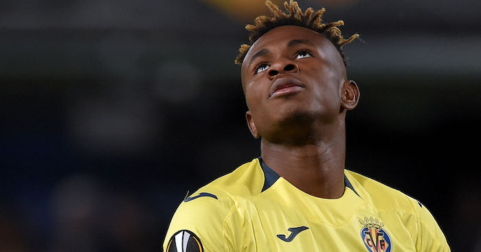 Villarreal's Nigerian forward Samuel Chukwueze looks upwards during the UEFA Europa league quarter final first leg football match between Villarreal CF and Valencia CF at La Ceramica stadium in Vila-real on April 11, 2019. (Photo by JOSE JORDAN / AFP) (Photo credit should read JOSE JORDAN/AFP/Getty Images)