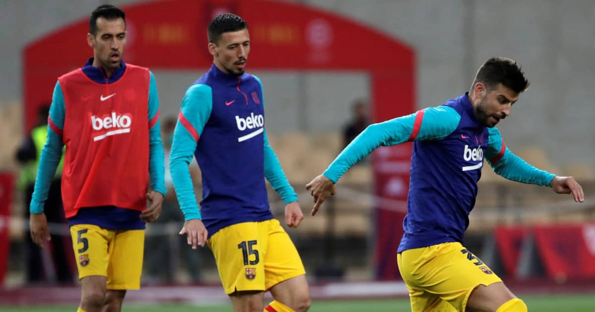 Sergio Busquets, Clement Lenglet and Gerard Pique in Barcelona training, 2021