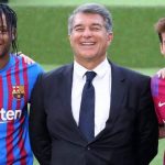 President Joan Laporta, Ansu Fati, Ricky Puig, Barcelona kit launch, TEAMtalk President Joan Laporta, Ansu Fati, Ricky Puig, Barcelona kit launch, 2021,22 season, Nou Camp