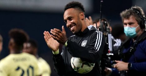 Pierre-Emerick Aubameyang carrying match bal after scoring hat-trick for Arsenal
