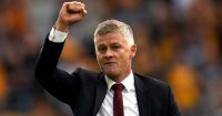 Man Utd manager Ole Gunnar Solskjaer celebrating after their 1-0 victory over Wolves