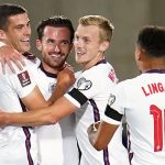 Ben Chilwell celebrates an England goal with Conor Coady, James Ward-Prowse and Jesse Lingard, October 2021 Ben Chilwell, Conor Coady, James Ward-Prowse, Jesse Lingard Andorra v England, October 2021