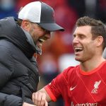 Jurgen Klopp, Liverpool laughs with James Milner Liverpool's James Milner and manager Jurgen Klopp share a joke after the Premier League match at Anfield