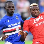 Sampdoria defender Omar Colley battling for possession with Napoli striker Victor Osimhen 2021 Sampdoria defender Omar Colley battling for possession with Napoli striker Victor Osimhen 2021