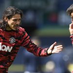Bruno Fernandes and Edinson Cavani during Man Utd warm up at Elland Road before Leeds clash Bruno Fernandes Man Utd