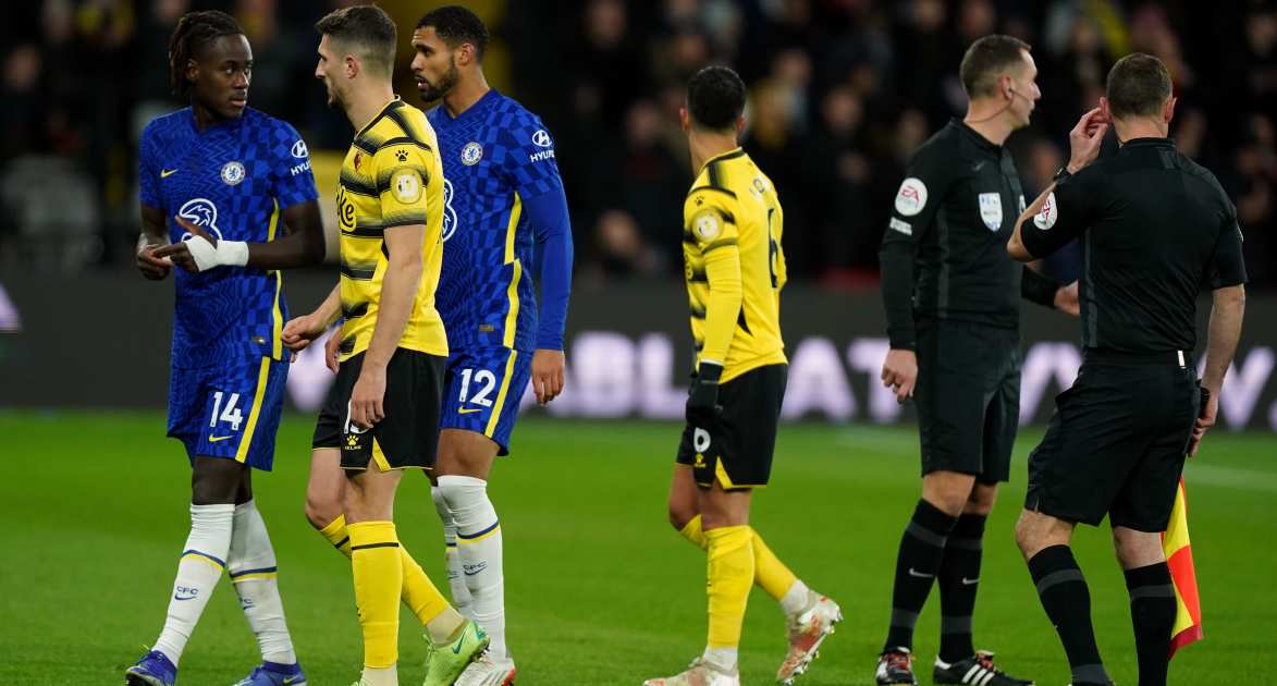 Watford and Chelsea players walk off the pitch due to a medical emergency, December 2021