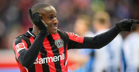 Moussa Diaby, Bayer Leverkusen winger, celebrates a goal during Bundesliga match against Arminia Bielefeld